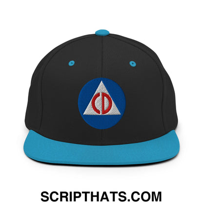 Civil Defense Embroidered Flat Bill Brim Snapback Hat Black Teal