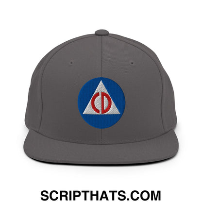 Civil Defense Embroidered Flat Bill Brim Snapback Hat Dark Grey