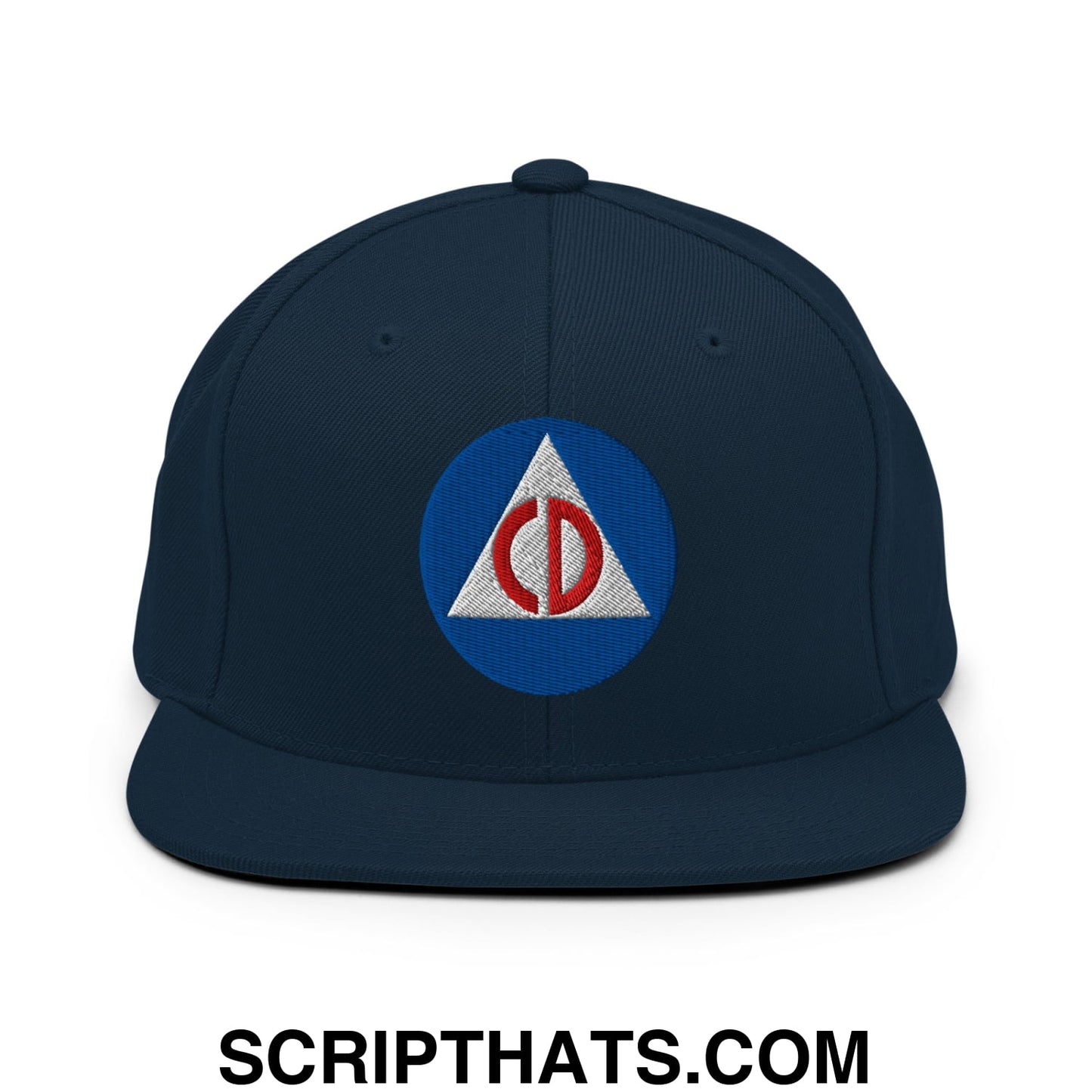Civil Defense Embroidered Flat Bill Brim Snapback Hat Dark Navy