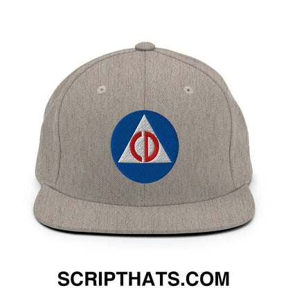 Civil Defense Embroidered Flat Bill Brim Snapback Hat Heather Grey