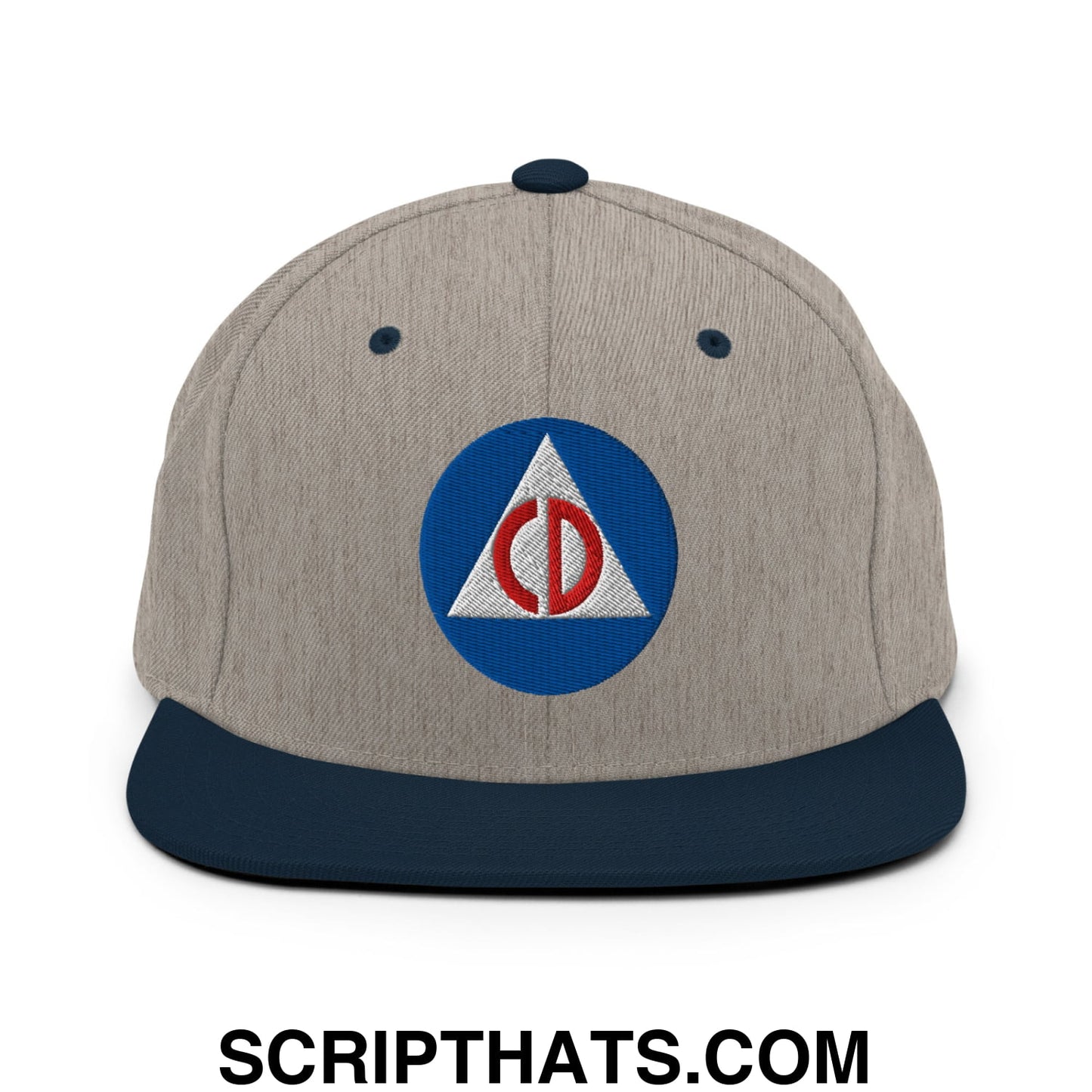 Civil Defense Embroidered Flat Bill Brim Snapback Hat Heather Grey Navy