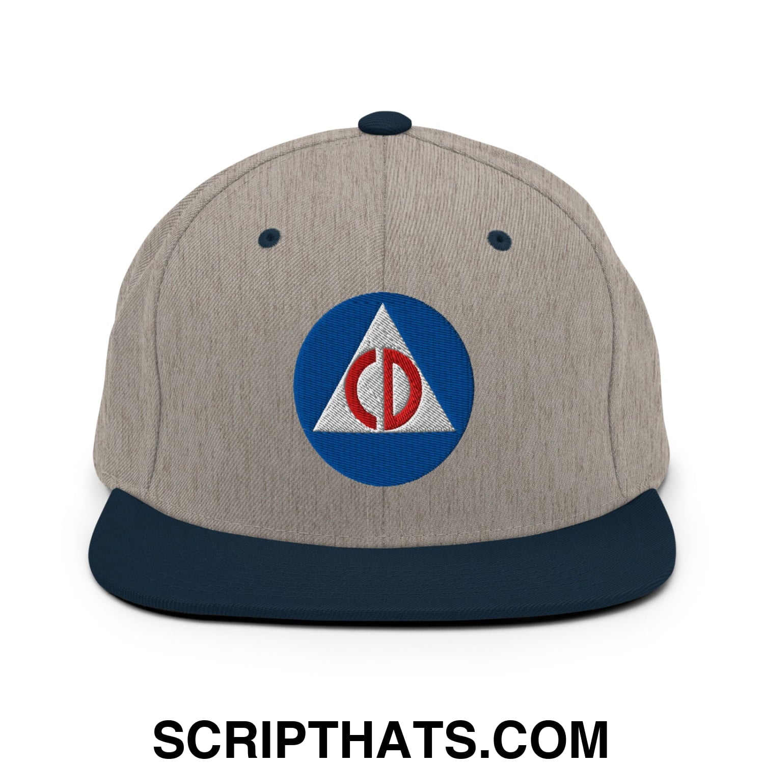 Civil Defense Embroidered Flat Bill Brim Snapback Hat Heather Grey Navy