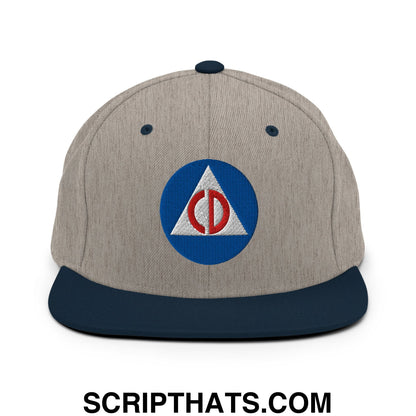 Civil Defense Embroidered Flat Bill Brim Snapback Hat Heather Grey Navy