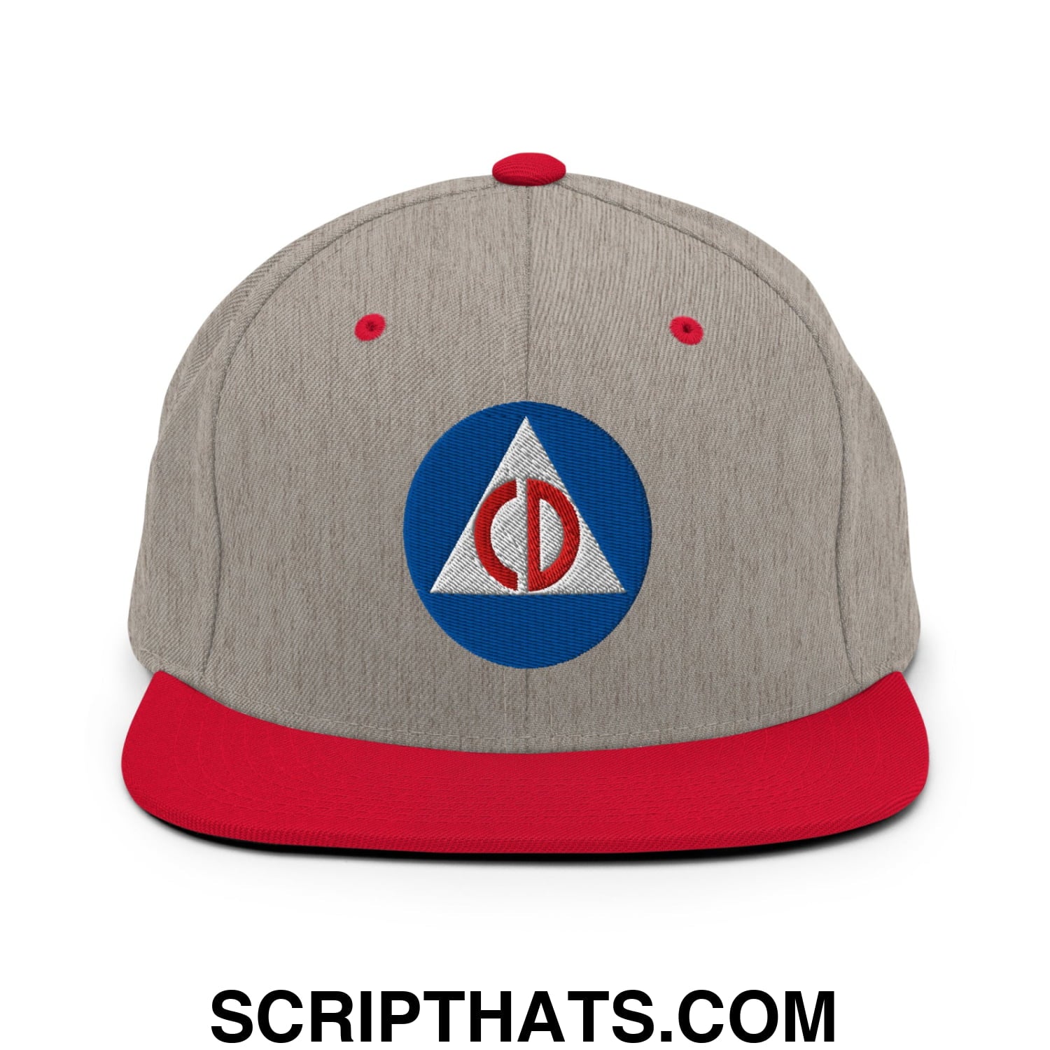 Civil Defense Embroidered Flat Bill Brim Snapback Hat Heather Grey Red