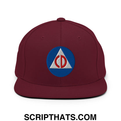 Civil Defense Embroidered Flat Bill Brim Snapback Hat Maroon
