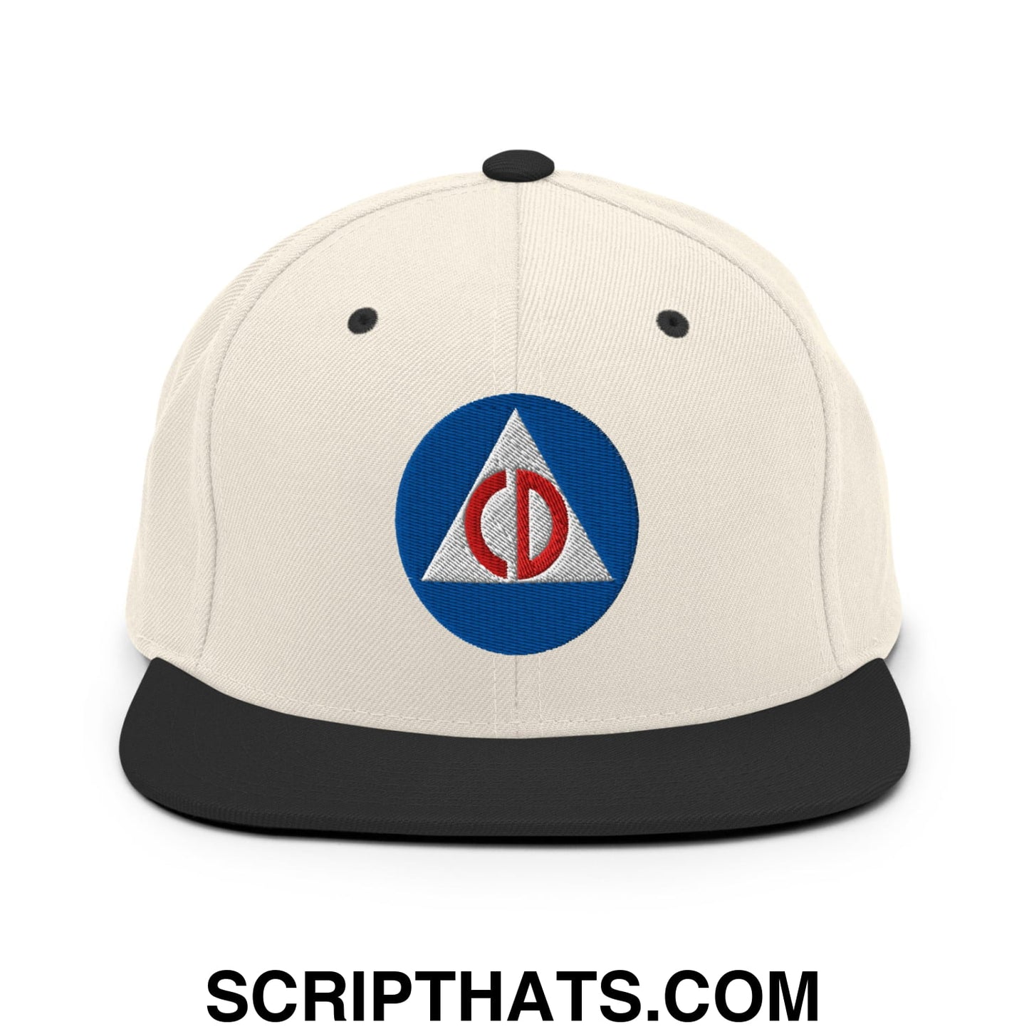 Civil Defense Embroidered Flat Bill Brim Snapback Hat Natural Black