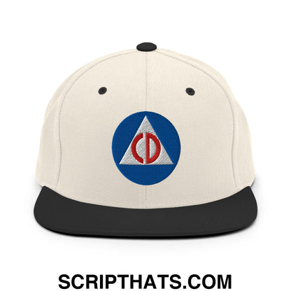 Civil Defense Embroidered Flat Bill Brim Snapback Hat Natural Black