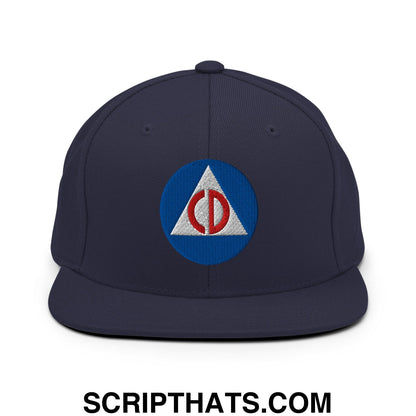 Civil Defense Embroidered Flat Bill Brim Snapback Hat Navy