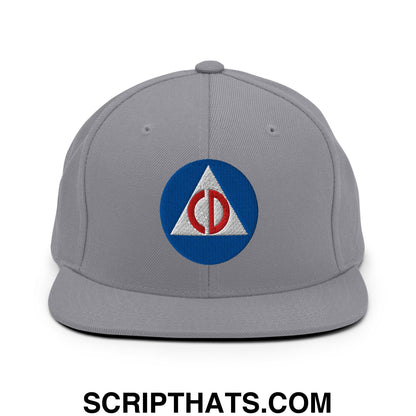 Civil Defense Embroidered Flat Bill Brim Snapback Hat Silver
