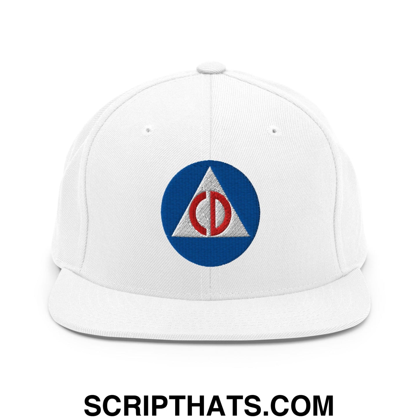 Civil Defense Embroidered Flat Bill Brim Snapback Hat White