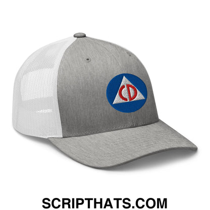 Civil Defense Embroidered Mesh Trucker Hat Heather Grey White