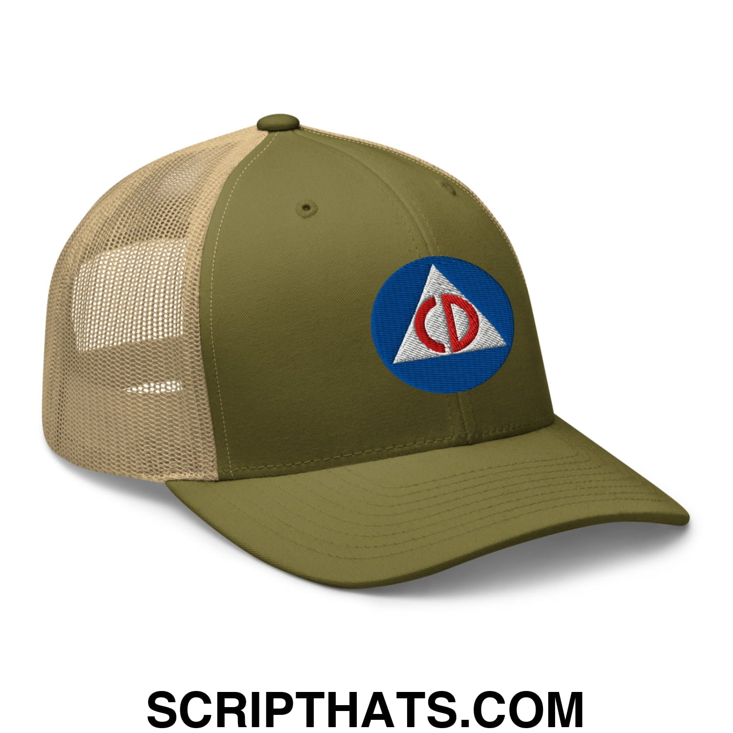 Civil Defense Embroidered Mesh Trucker Hat Moss Khaki