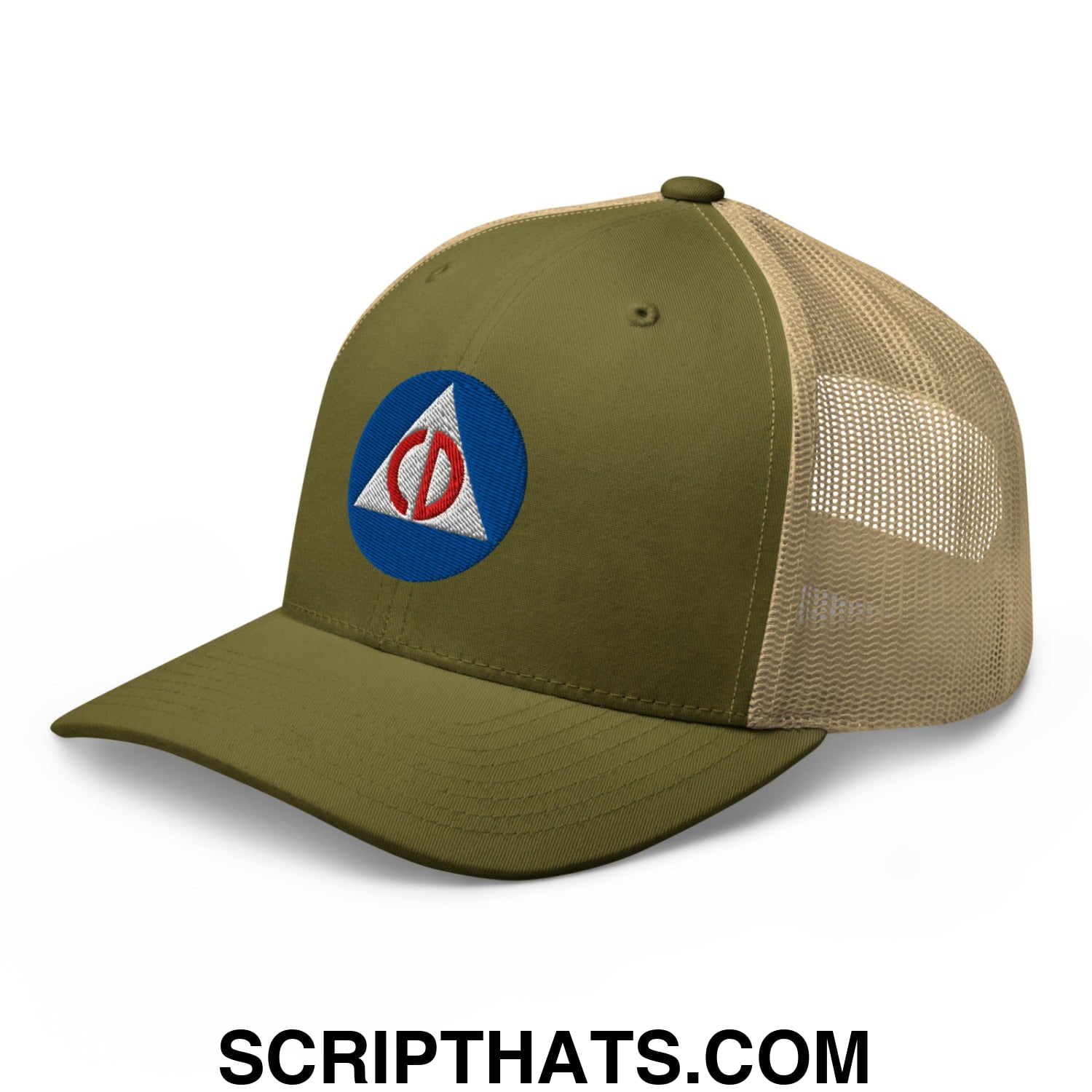 Civil Defense Embroidered Mesh Trucker Hat Moss Khaki