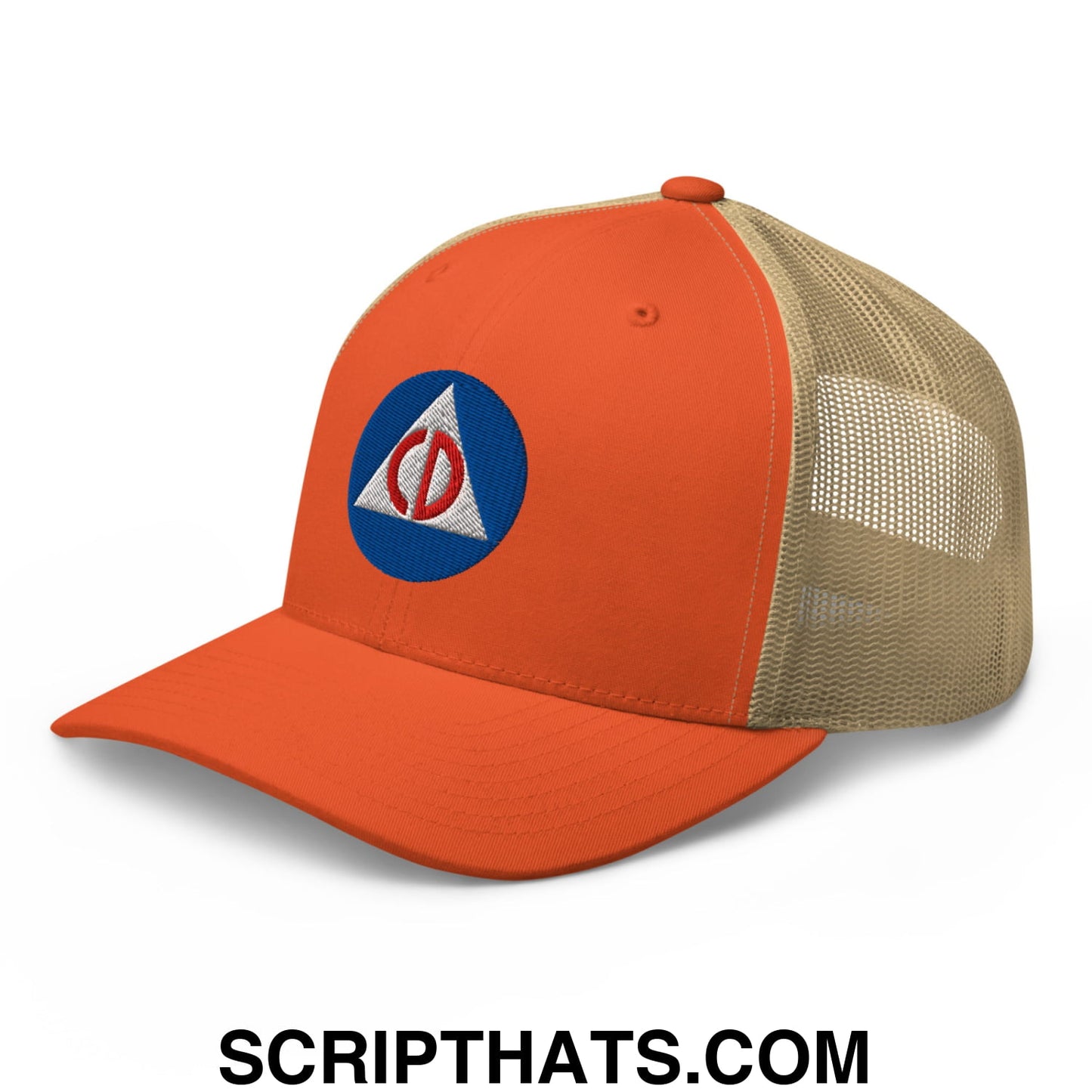 Civil Defense Embroidered Mesh Trucker Hat Rustic Orange Khaki