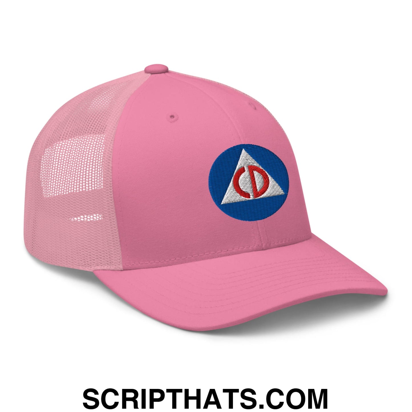 Civil Defense Embroidered Mesh Trucker Hat Pink