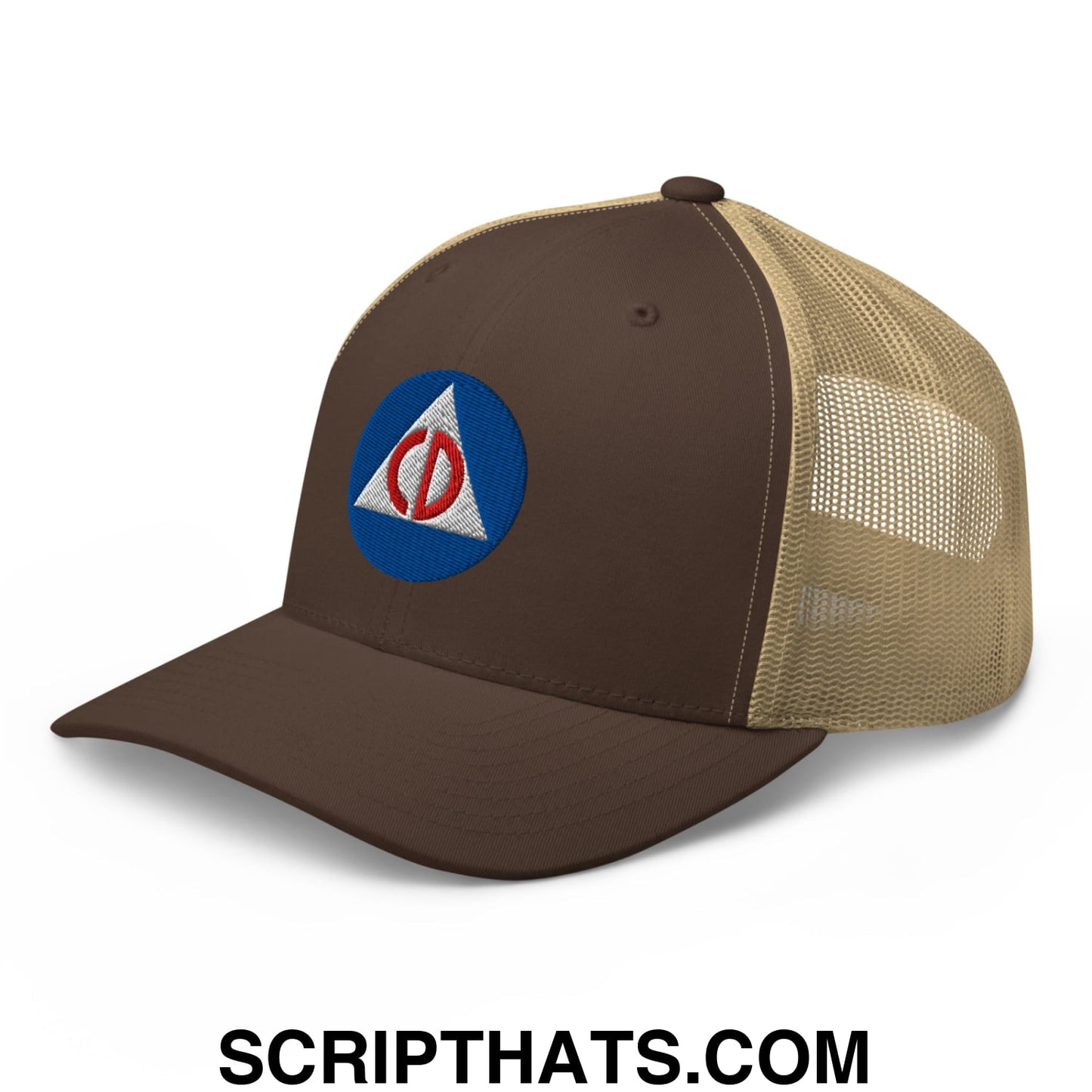 Civil Defense Embroidered Mesh Trucker Hat Brown Khaki