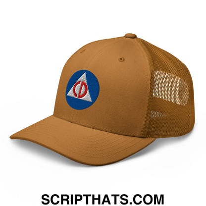 Civil Defense Embroidered Mesh Trucker Hat Caramel