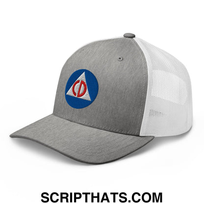 Civil Defense Embroidered Mesh Trucker Hat Heather Grey White
