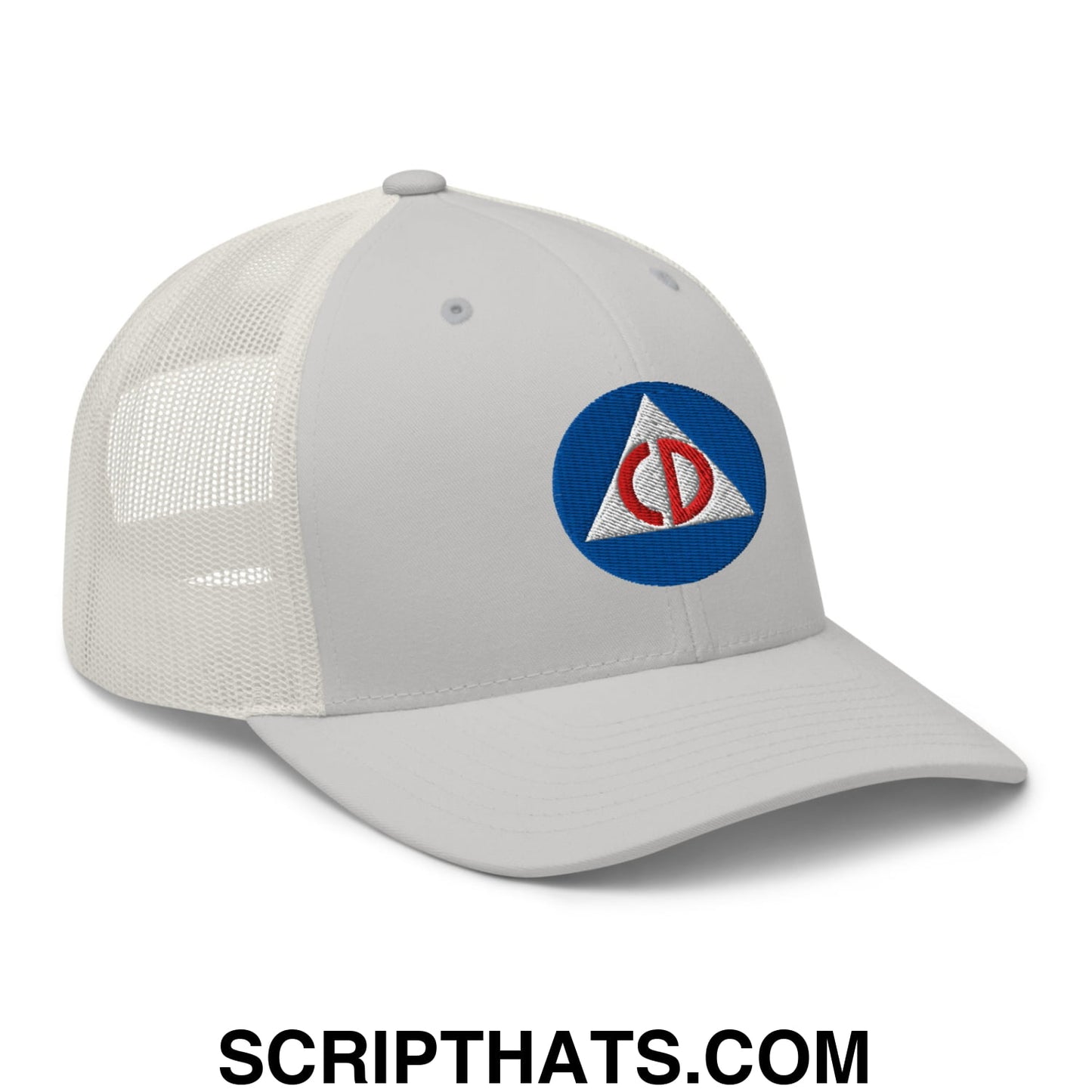 Civil Defense Embroidered Mesh Trucker Hat Silver