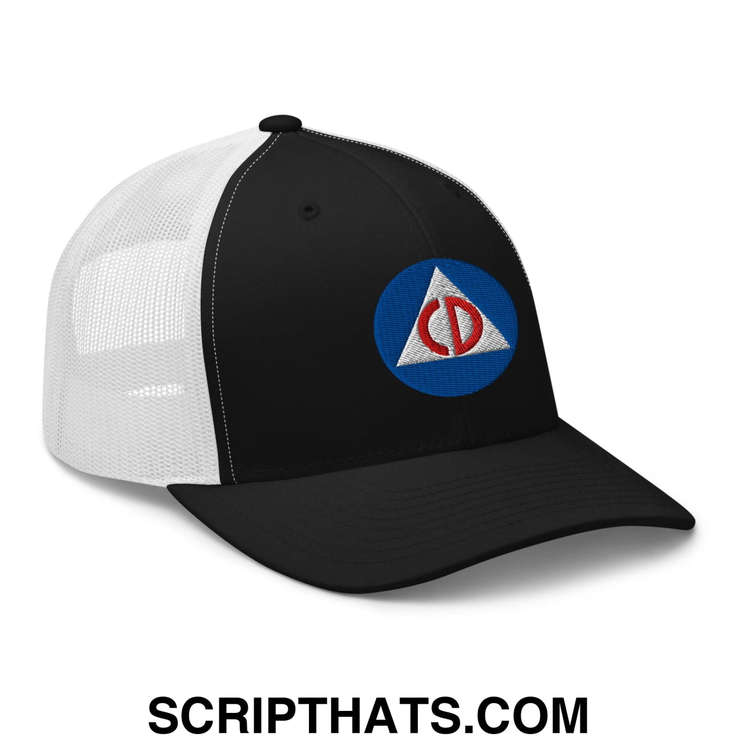 Civil Defense Embroidered Mesh Trucker Hat Black White