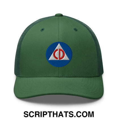 Civil Defense Embroidered Mesh Trucker Hat Evergreen