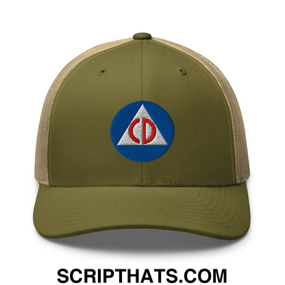 Civil Defense Embroidered Mesh Trucker Hat Moss Khaki