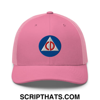 Civil Defense Embroidered Mesh Trucker Hat Pink