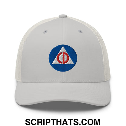 Civil Defense Embroidered Mesh Trucker Hat Silver