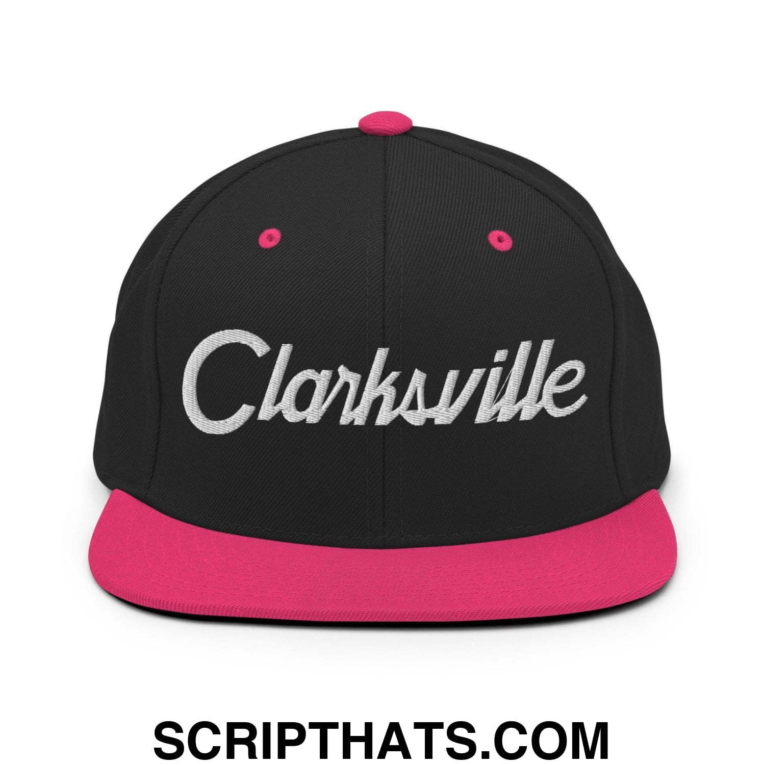 Clarksville Script Snapback Hat Black Neon Pink