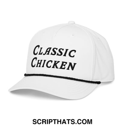 White classic chicken embroidered golf rope hat with black brim trim and text detail for golf and casual wear