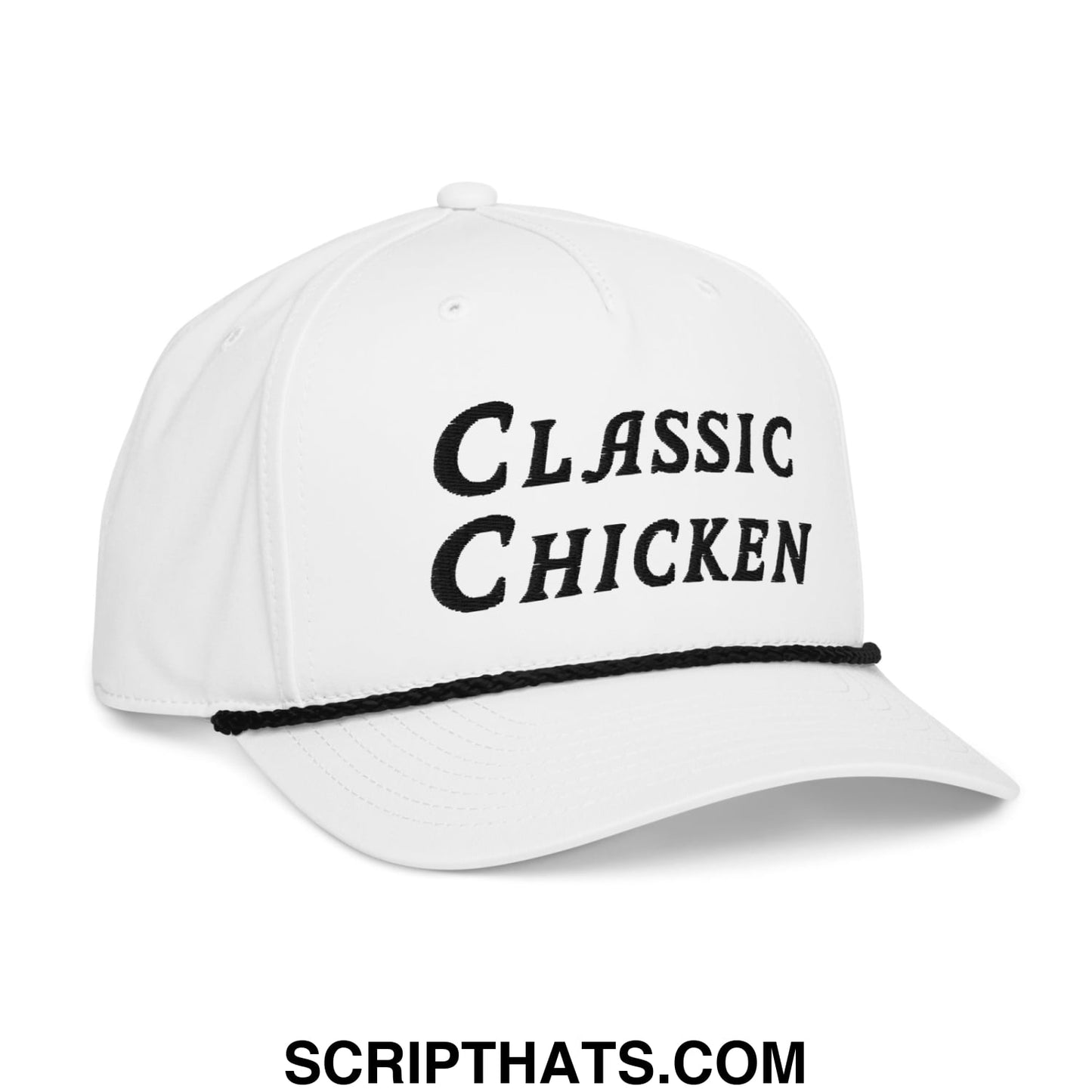 White classic chicken embroidered golf rope hat with black brim trim and matching black text on front