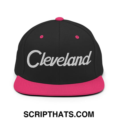 Cleveland Script Snapback Hat Black Neon Pink