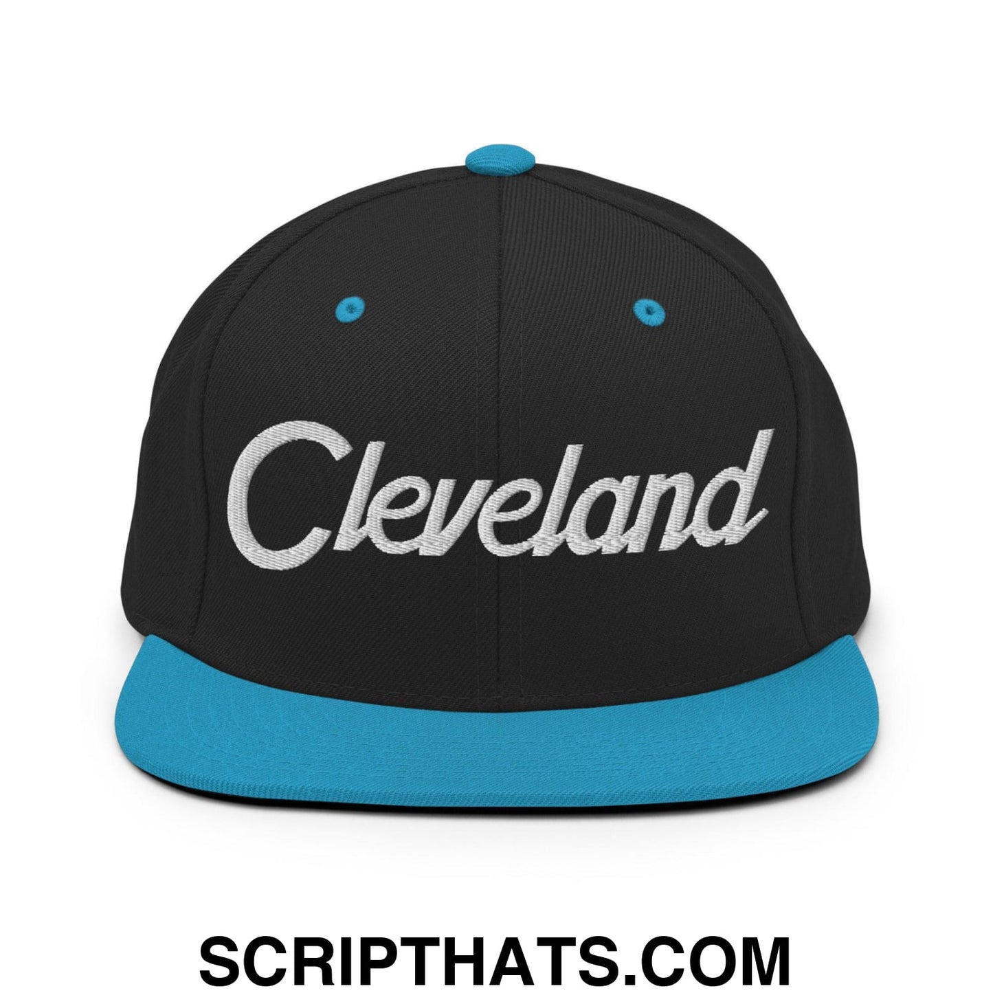 Cleveland Script Snapback Hat Black Teal