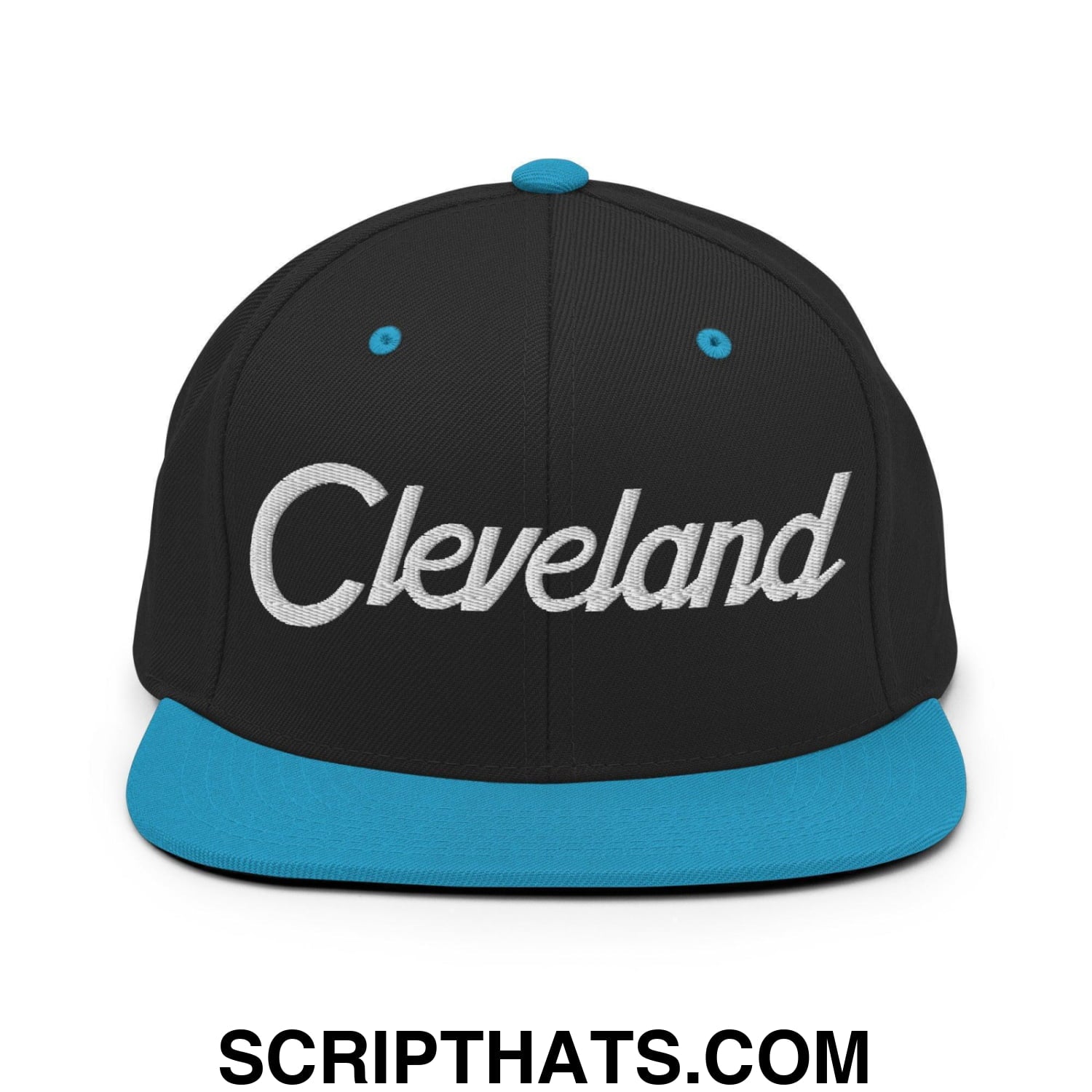 Cleveland Script Snapback Hat Black Teal