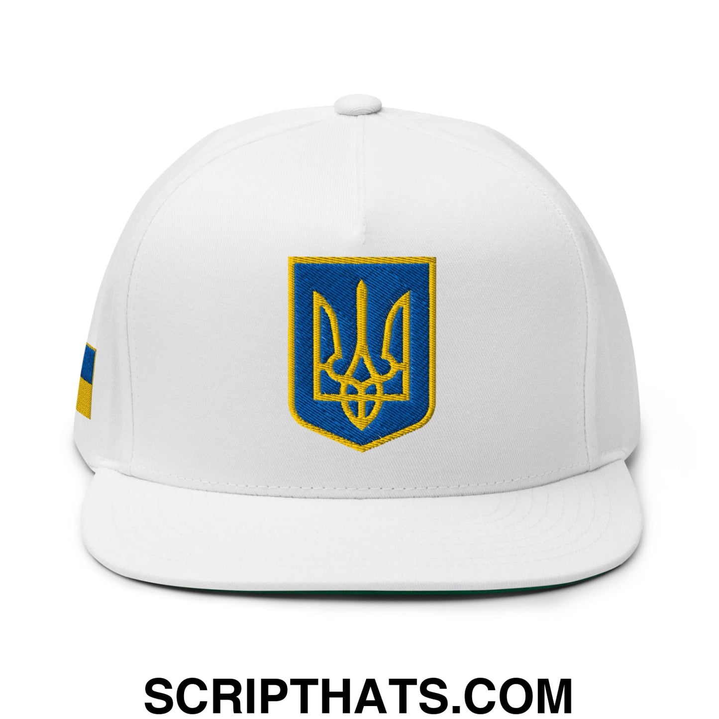 Coat of Arms of Ukraine Embroidered Flat Bill Brim 5 Panel Snapback Hat White