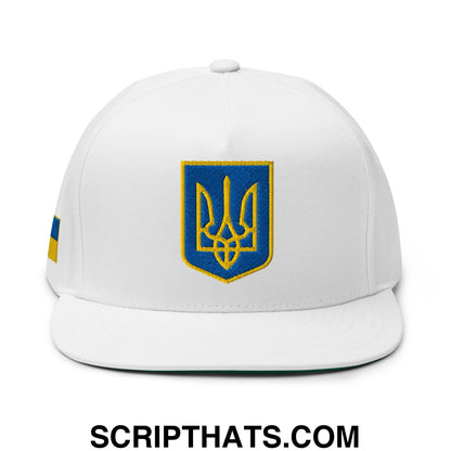 Coat of Arms of Ukraine Embroidered Flat Bill Brim 5 Panel Snapback Hat White