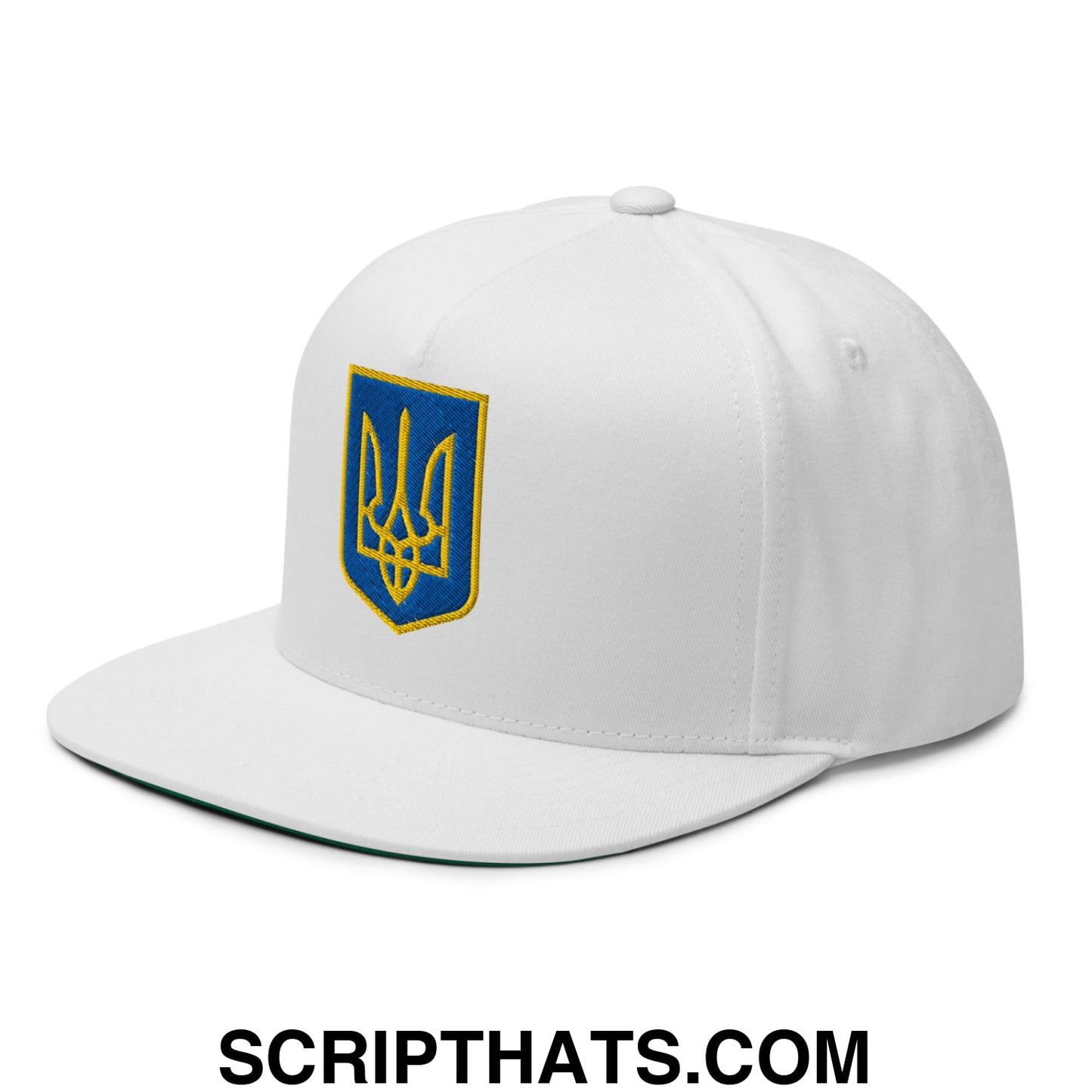 Coat of Arms of Ukraine Embroidered Flat Bill Brim 5 Panel Snapback Hat White