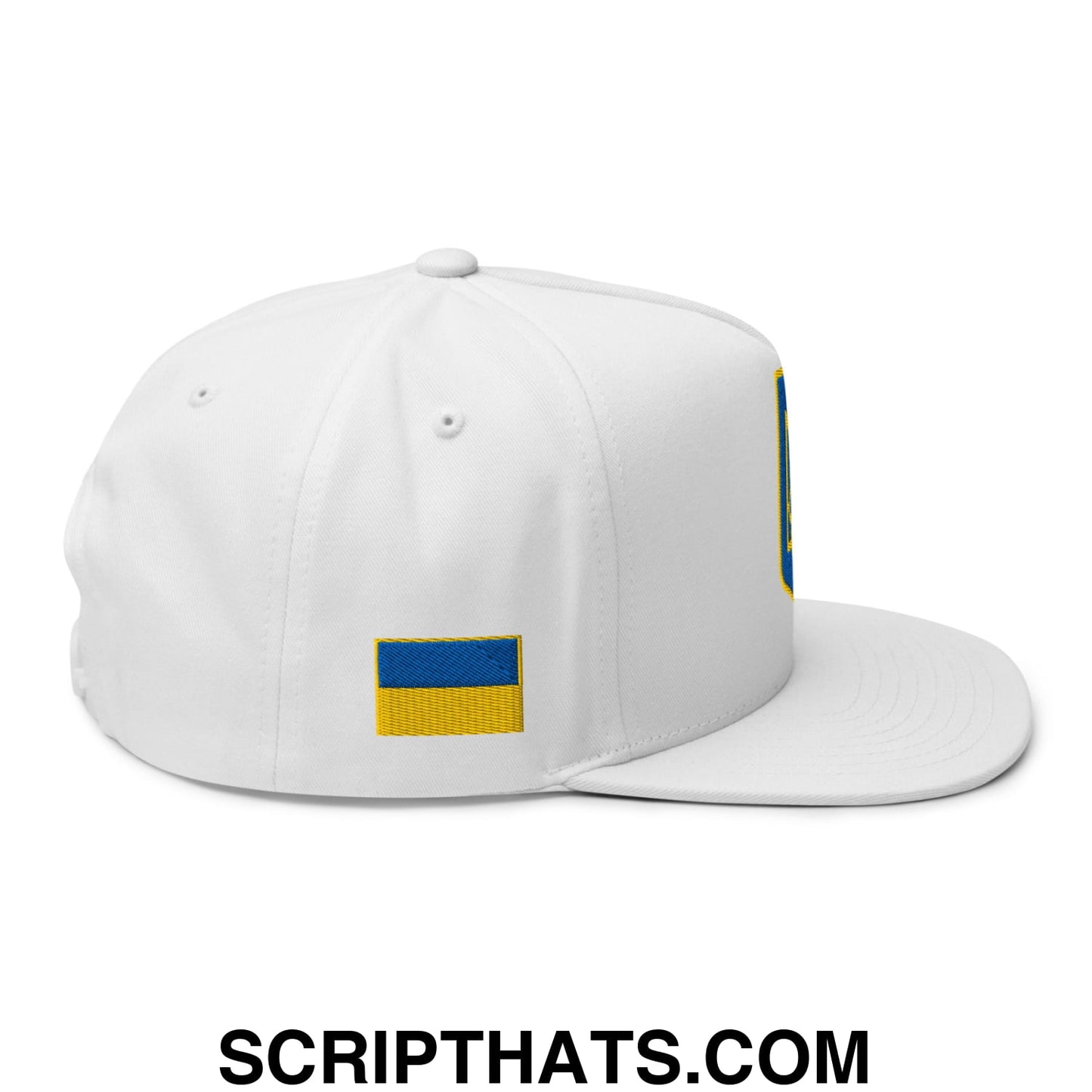 Coat of Arms of Ukraine Embroidered Flat Bill Brim 5 Panel Snapback Hat White