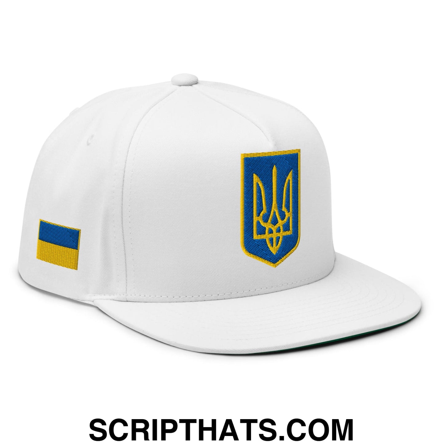 Coat of Arms of Ukraine Embroidered Flat Bill Brim 5 Panel Snapback Hat White