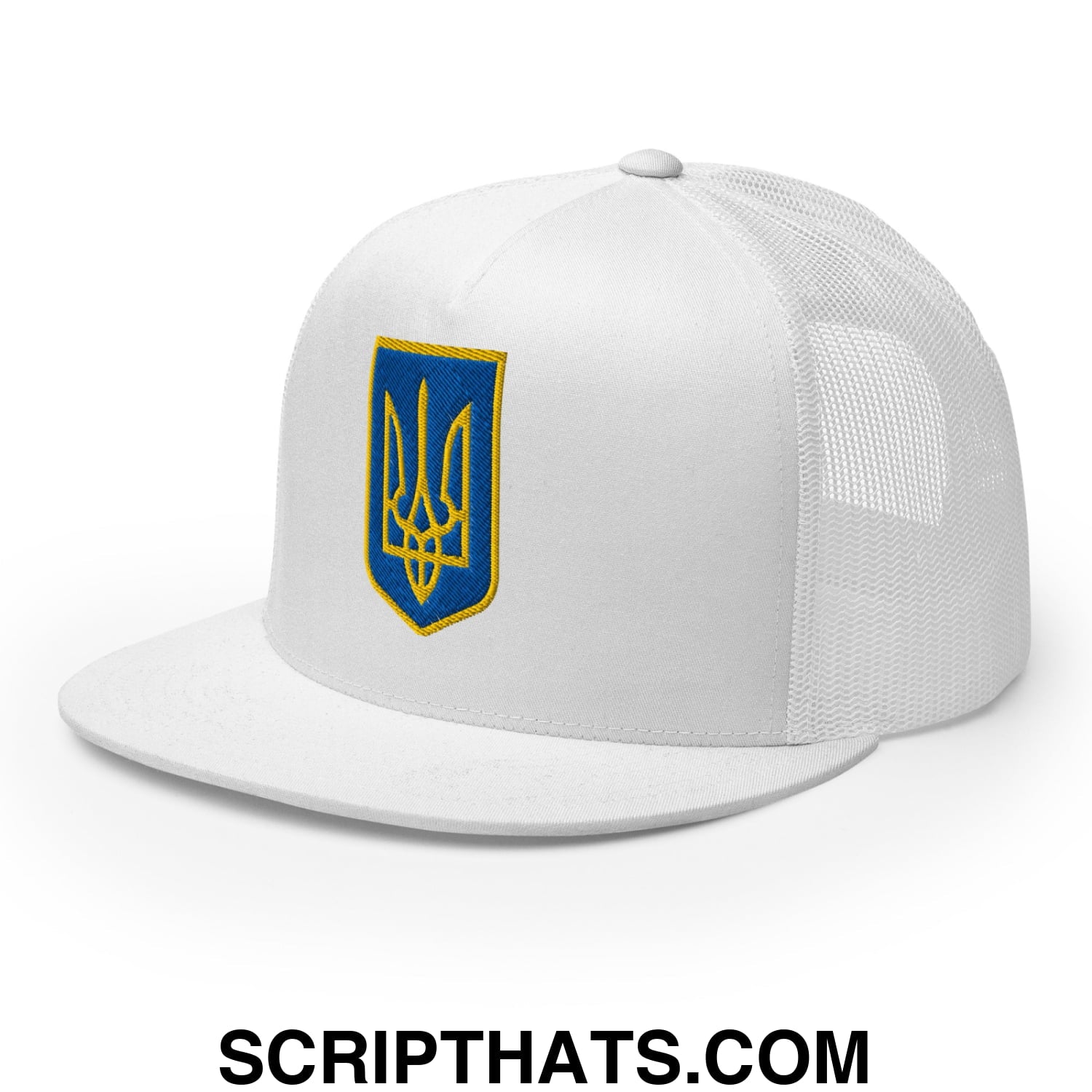 Coat of Arms of Ukraine Embroidered Flat Brim Bill Trucker Hat White
