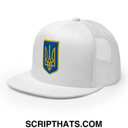 Coat of Arms of Ukraine Embroidered Flat Brim Bill Trucker Hat White