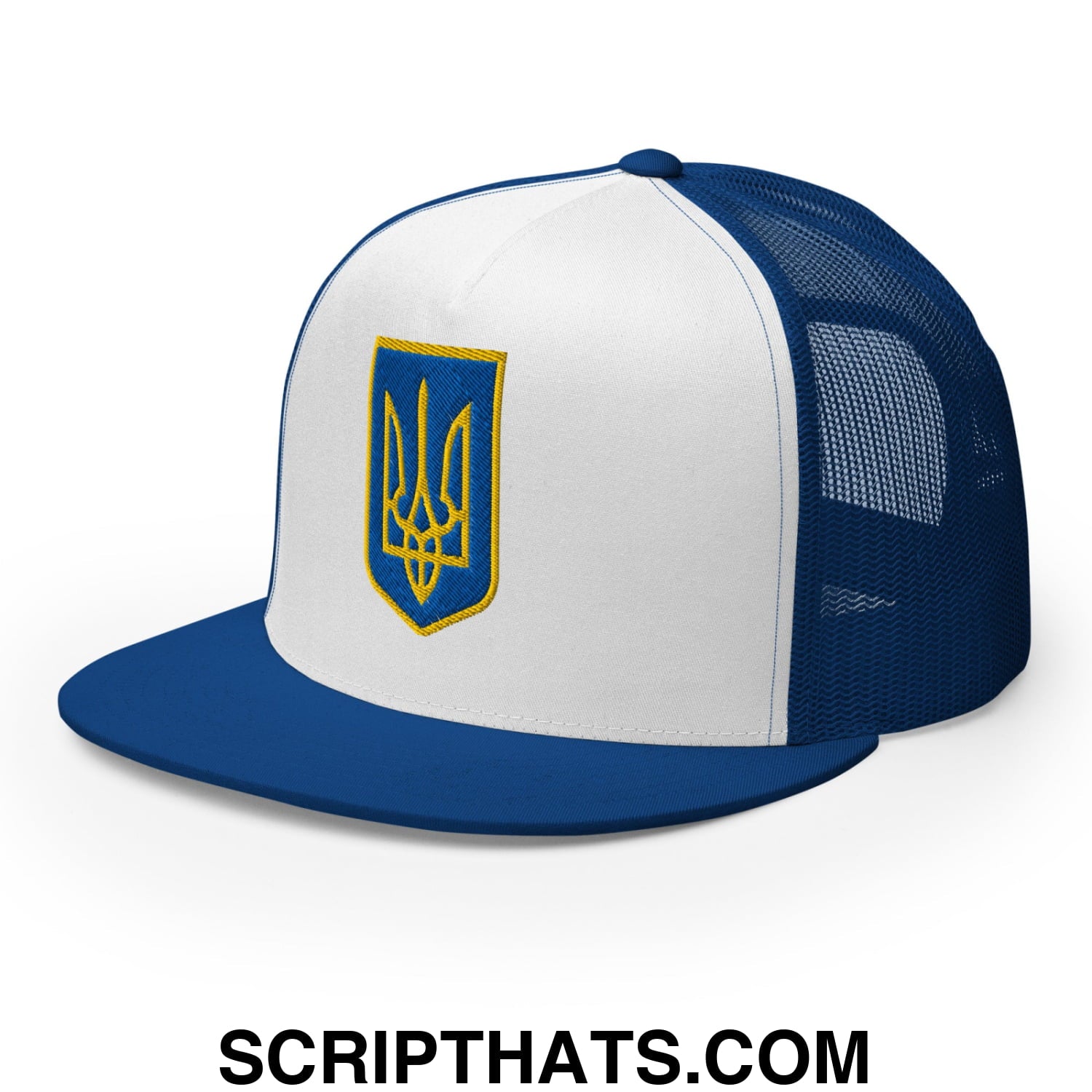 Coat of Arms of Ukraine Embroidered Flat Brim Bill Trucker Hat Royal White Royal