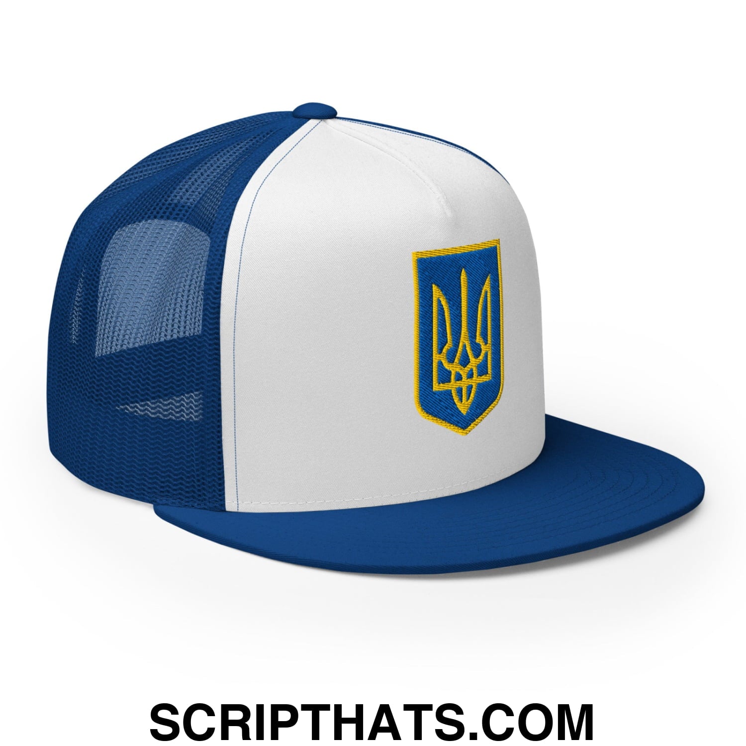 Coat of Arms of Ukraine Embroidered Flat Brim Bill Trucker Hat Royal White Royal