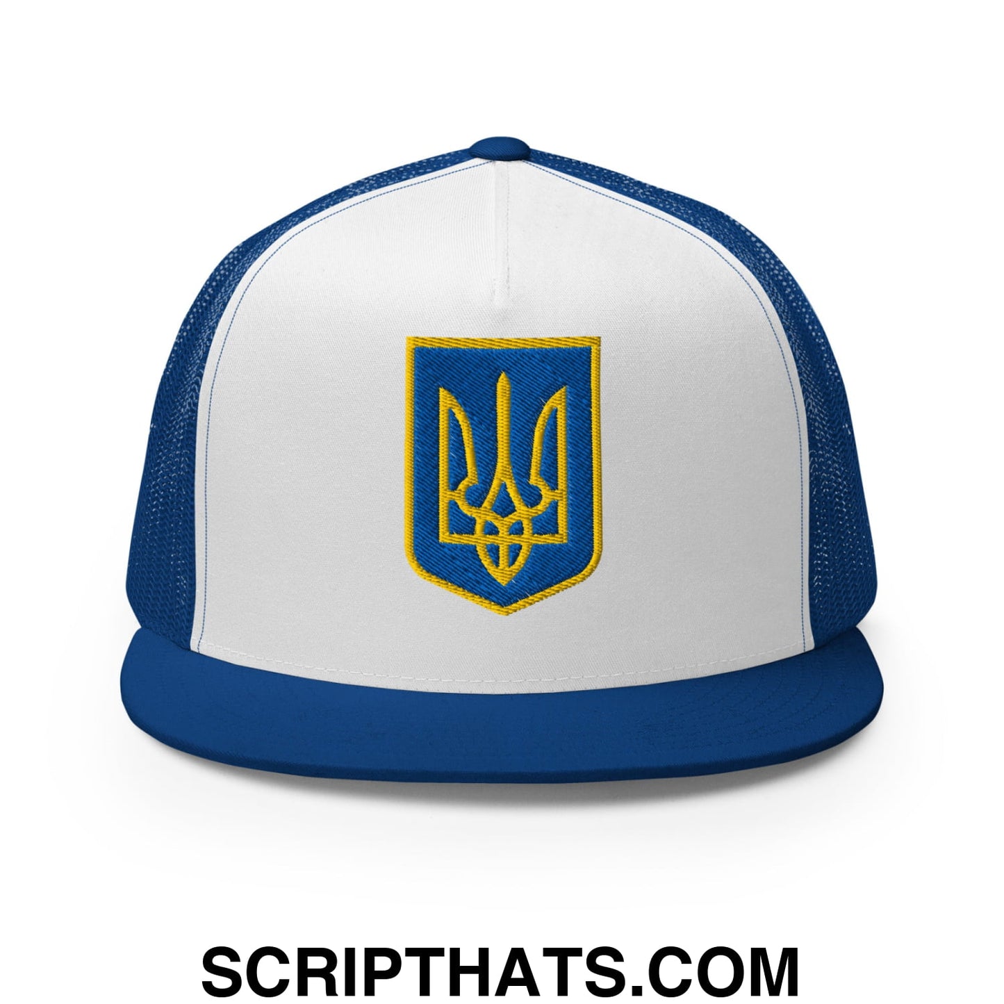 Coat of Arms of Ukraine Embroidered Flat Brim Bill Trucker Hat Royal White Royal