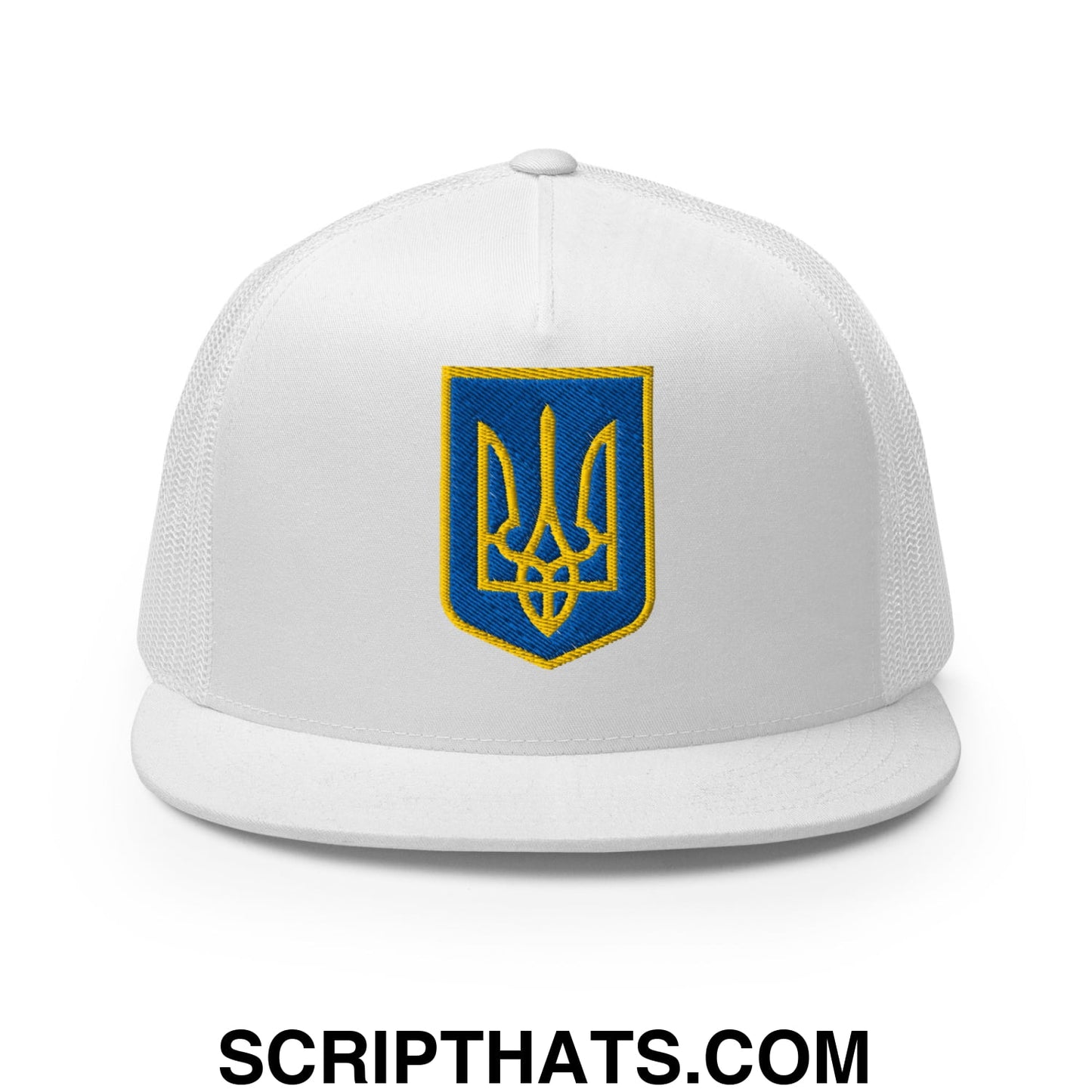 Coat of Arms of Ukraine Embroidered Flat Brim Bill Trucker Hat White