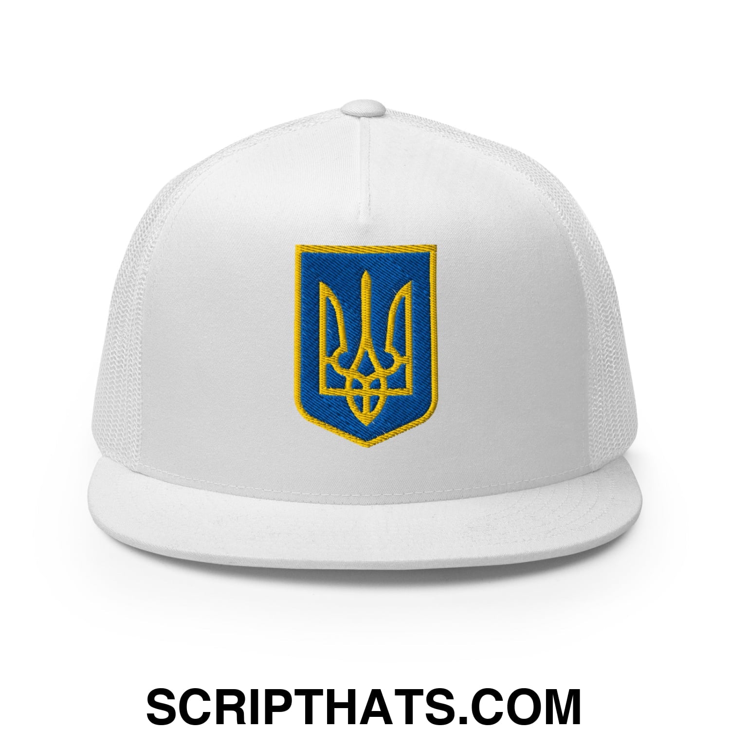 Coat of Arms of Ukraine Embroidered Flat Brim Bill Trucker Hat White