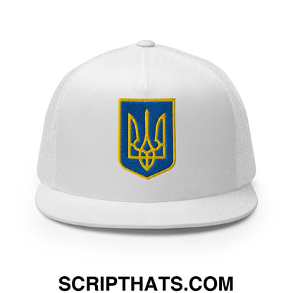 Coat of Arms of Ukraine Embroidered Flat Brim Bill Trucker Hat White
