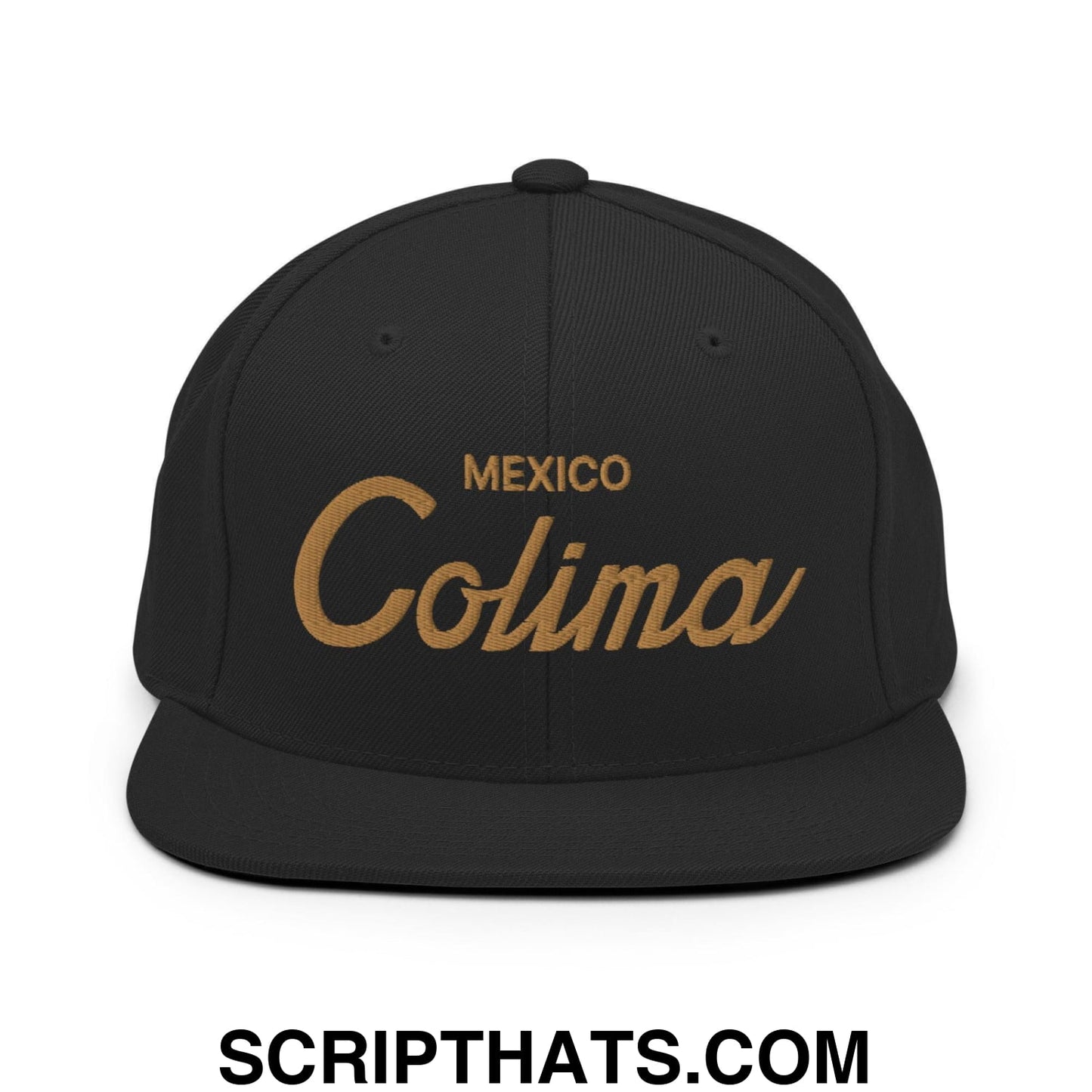 Colima Mexico Gold Vintage Sports Script Snapback Hat Black