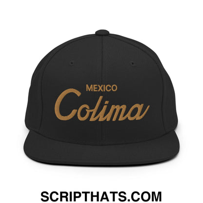 Colima Mexico Gold Vintage Sports Script Snapback Hat Black