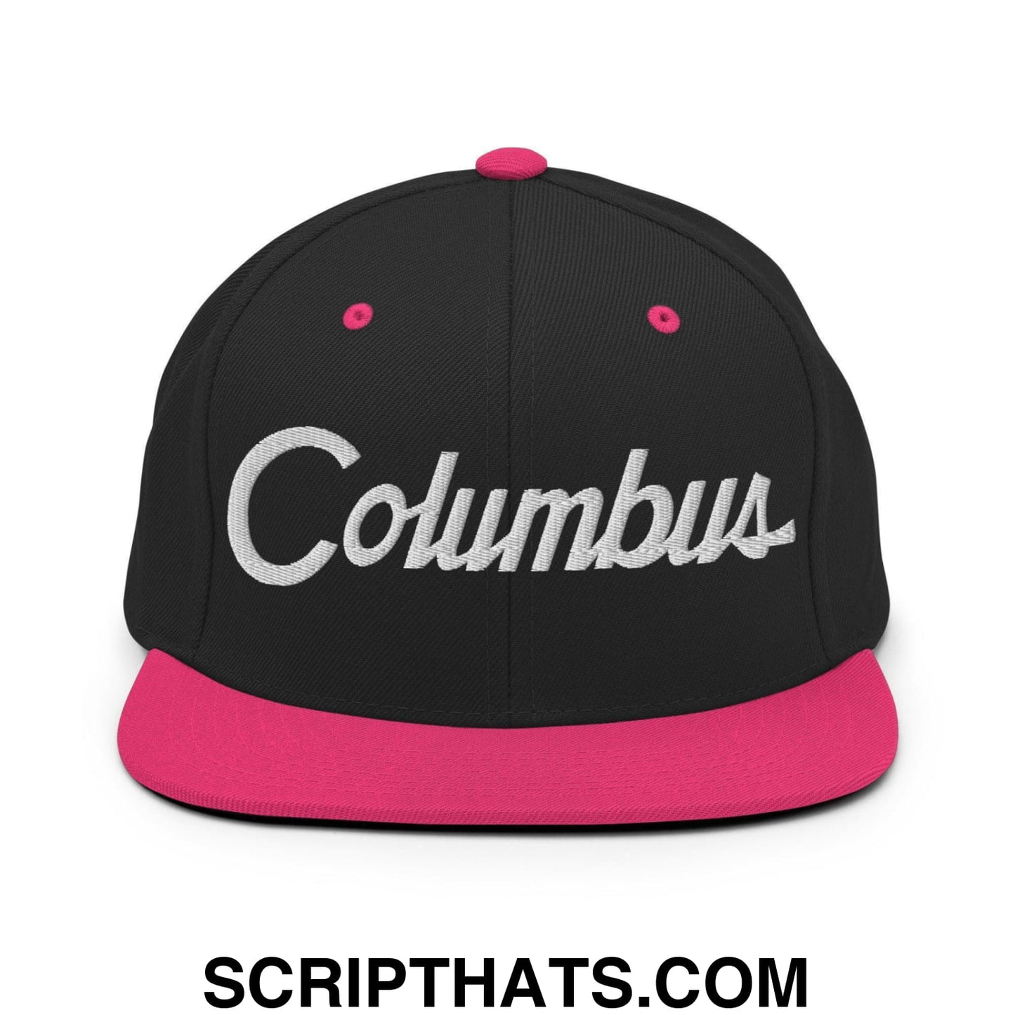 Columbus Script Snapback Hat Black Neon Pink